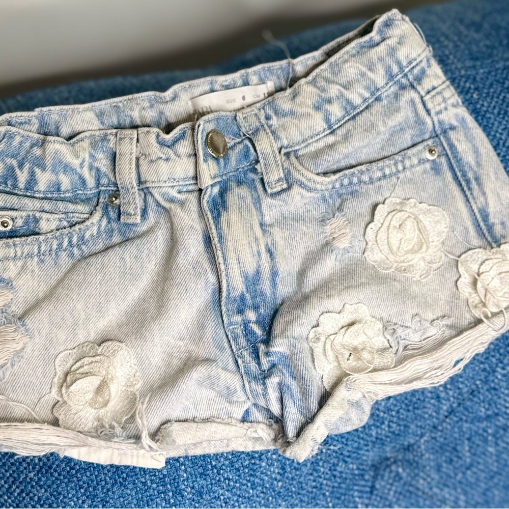 Zara Blue and White Jean Shorts Distressed Cut-Off Style